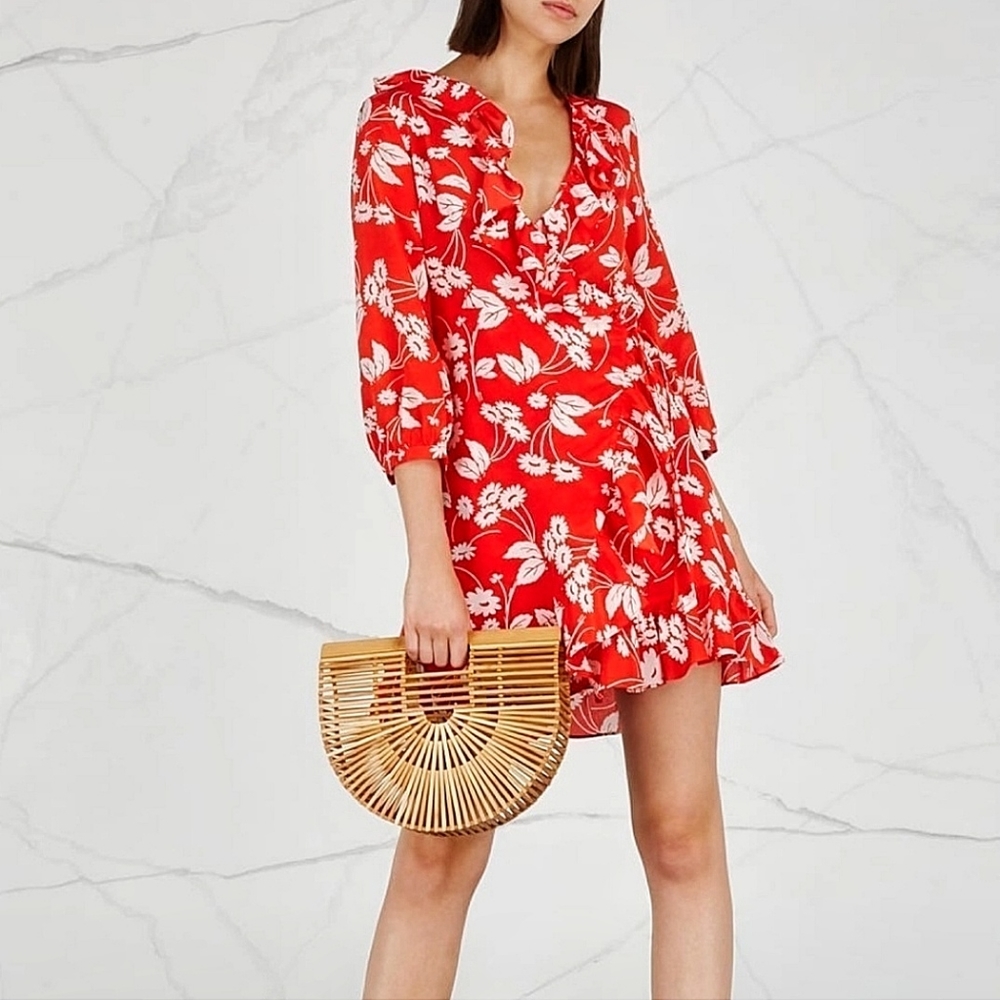 Rixo London Abigail Silk Ruffle Floral Wrap Mini Dress